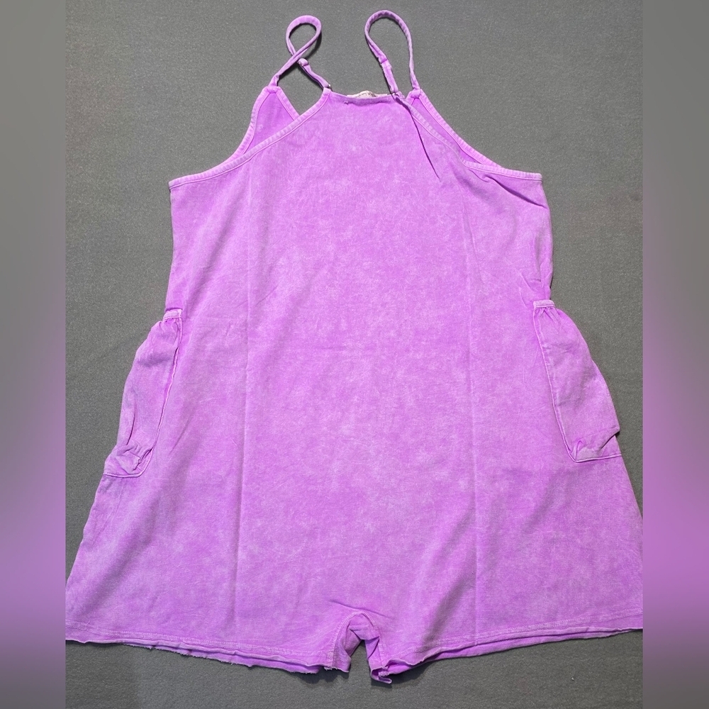 Zenana Romper New In Poly Bag Mineral Wash Lilac Large  PTP 21 Inseam 3 - Picture 3 of 4